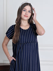 Navy Blue Striped Hosiery Maternity Nighty