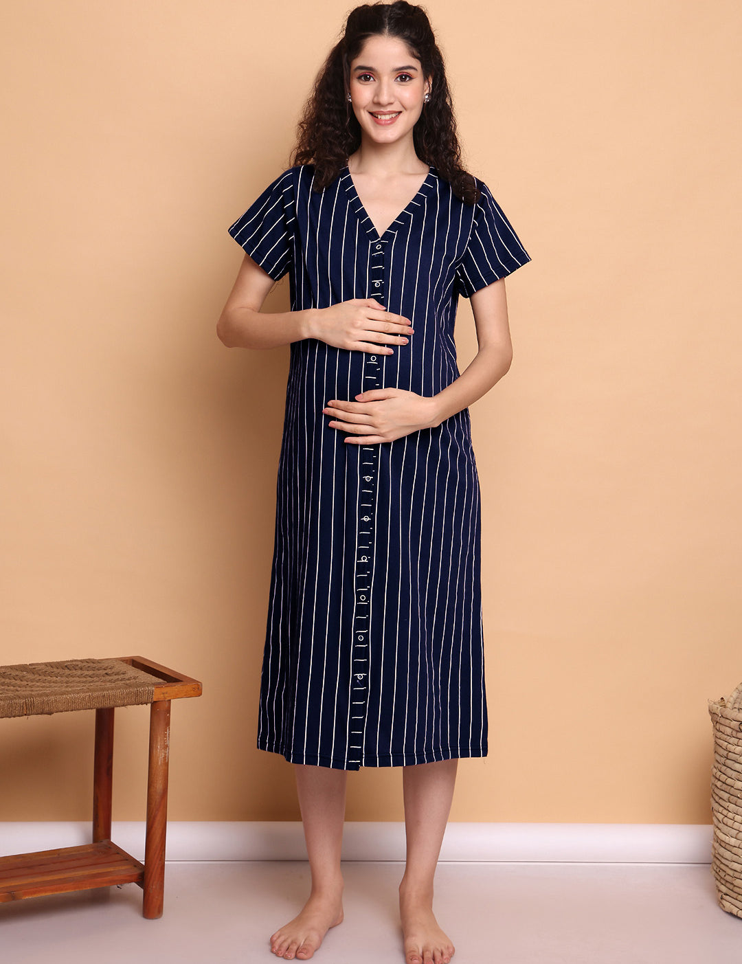 Navy Blue Striped Hosiery Zipless Maternity Nighty