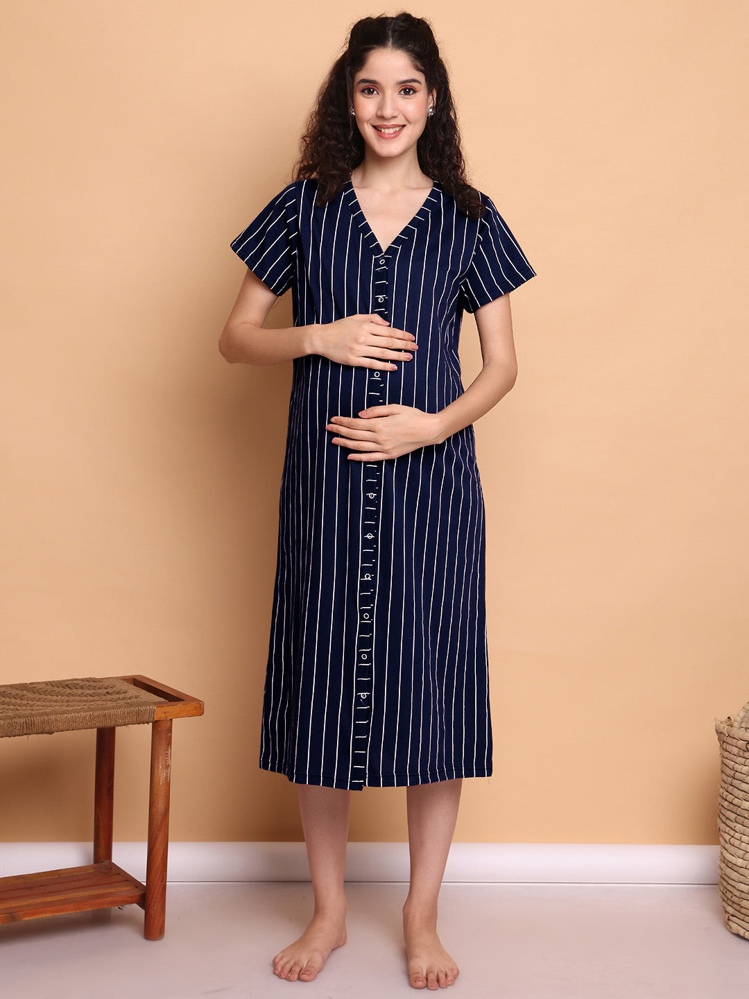 Navy Blue Striped Hosiery Zipless Maternity Nighty