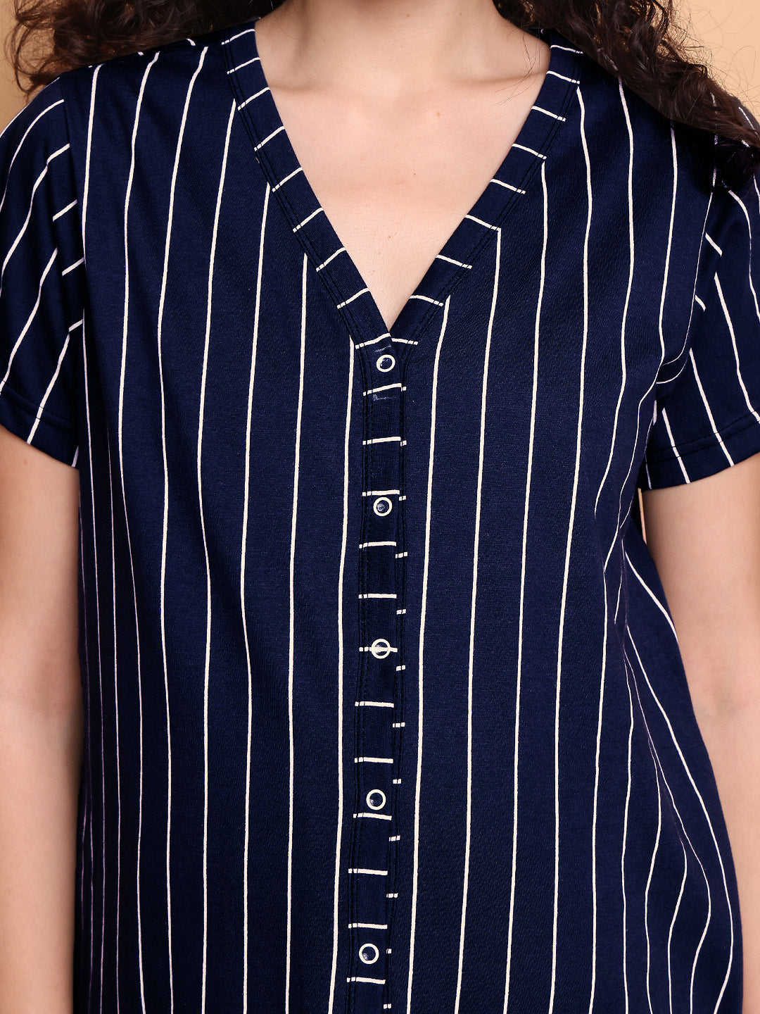 Navy Blue Striped Hosiery Zipless Maternity Nighty