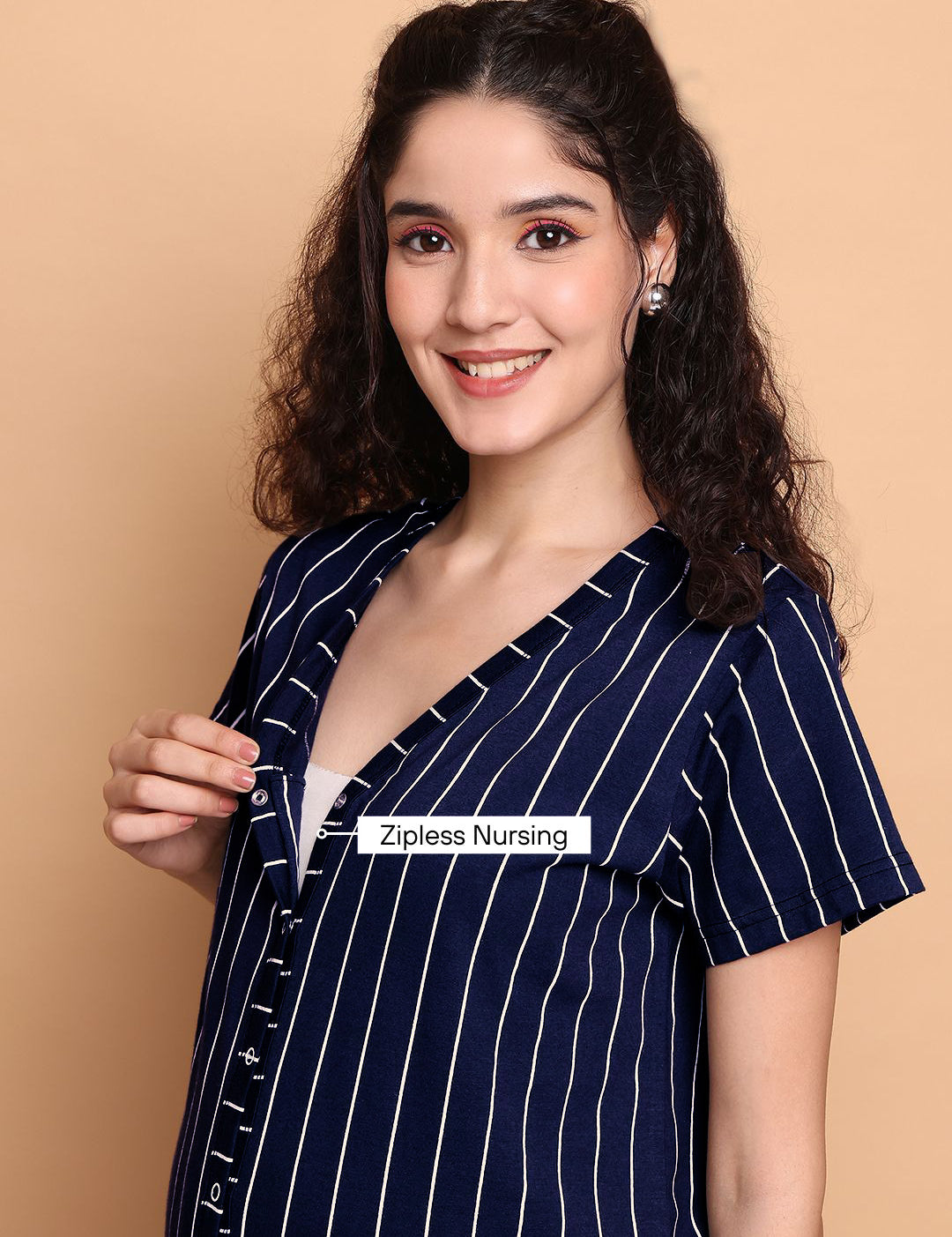 Navy Blue Striped Hosiery Zipless Maternity Nighty