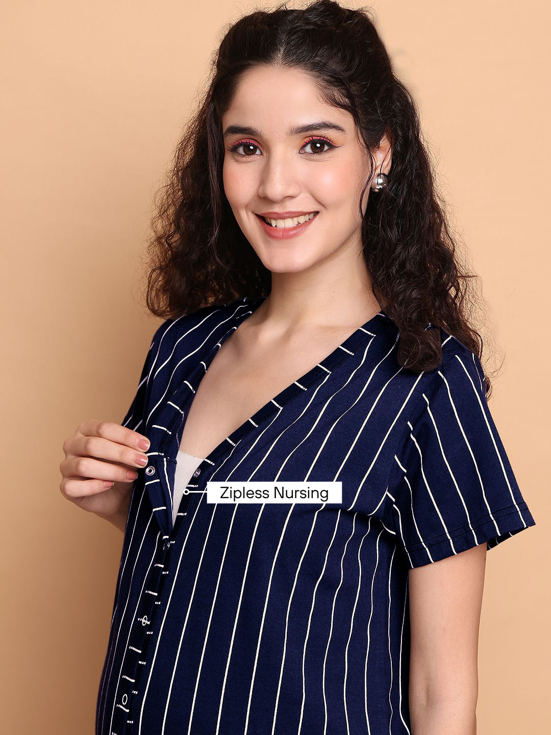 Navy Blue Striped Hosiery Zipless Maternity Nighty