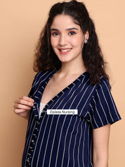 Navy Blue Striped Hosiery Zipless Maternity Nighty