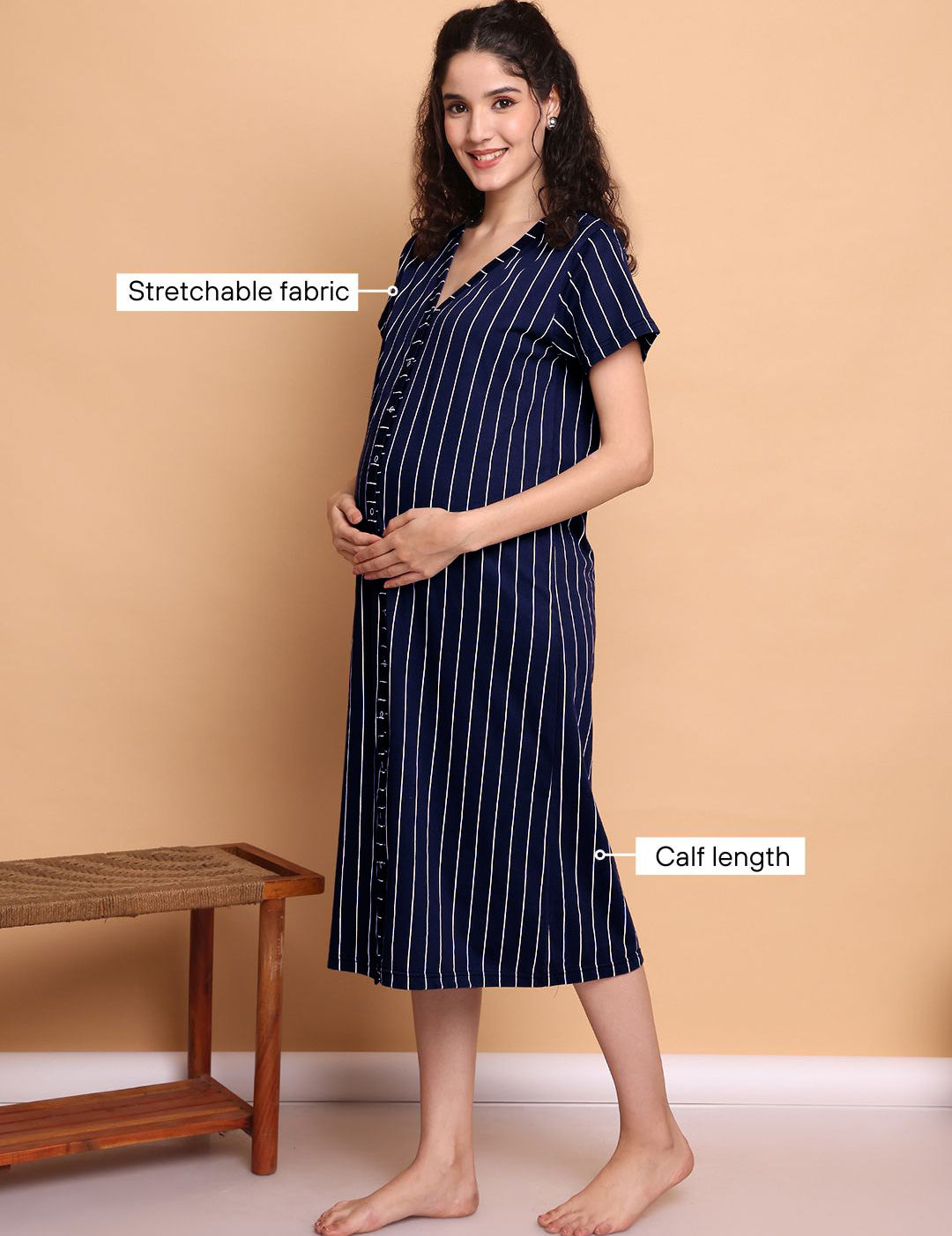 Navy Blue Striped Hosiery Zipless Maternity Nighty