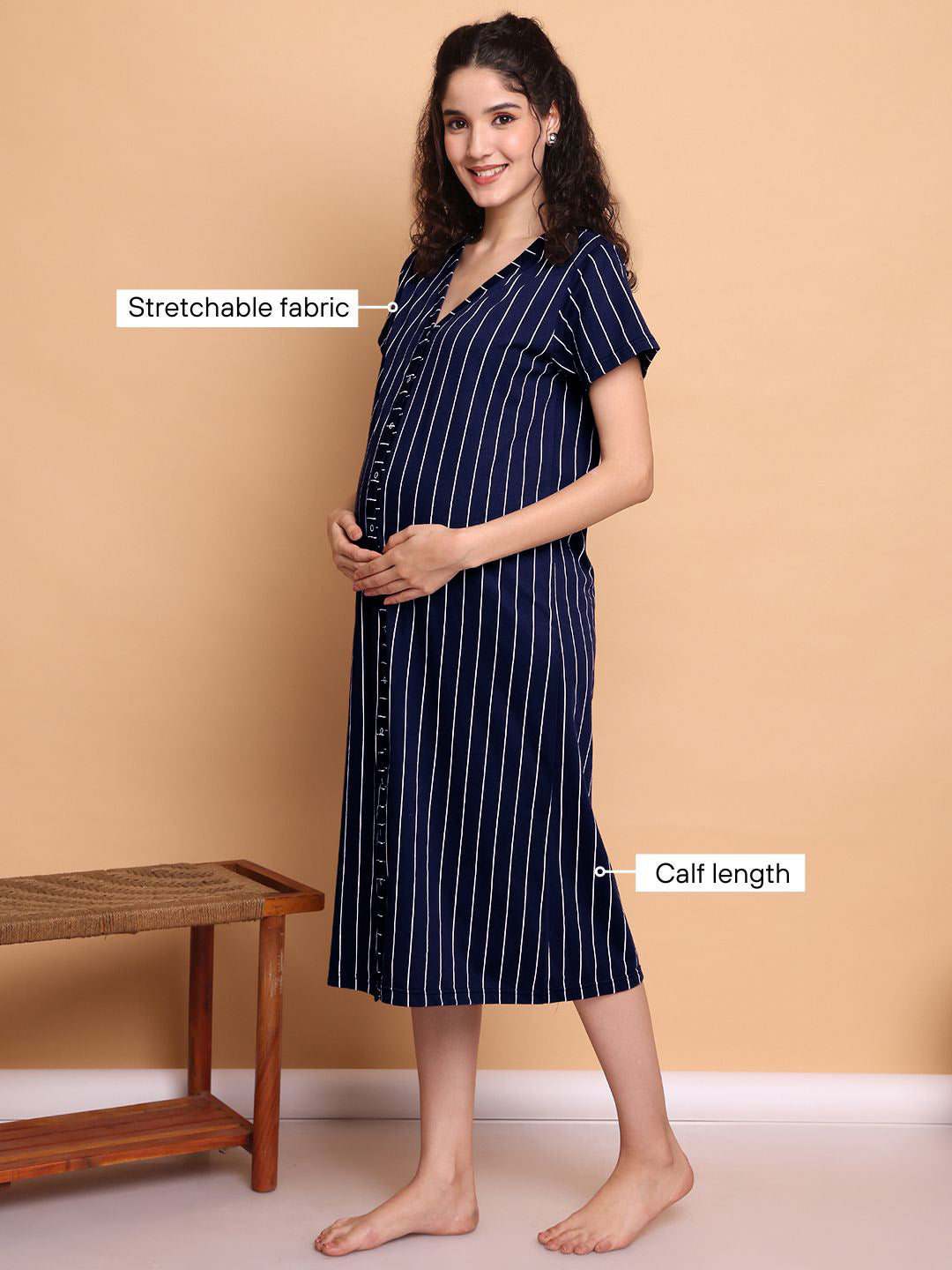 Navy Blue Striped Hosiery Zipless Maternity Nighty