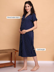 Navy Blue Striped Hosiery Zipless Maternity Nighty