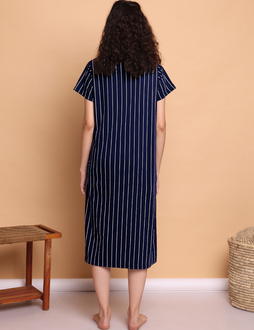 Navy Blue Striped Hosiery Zipless Maternity Nighty