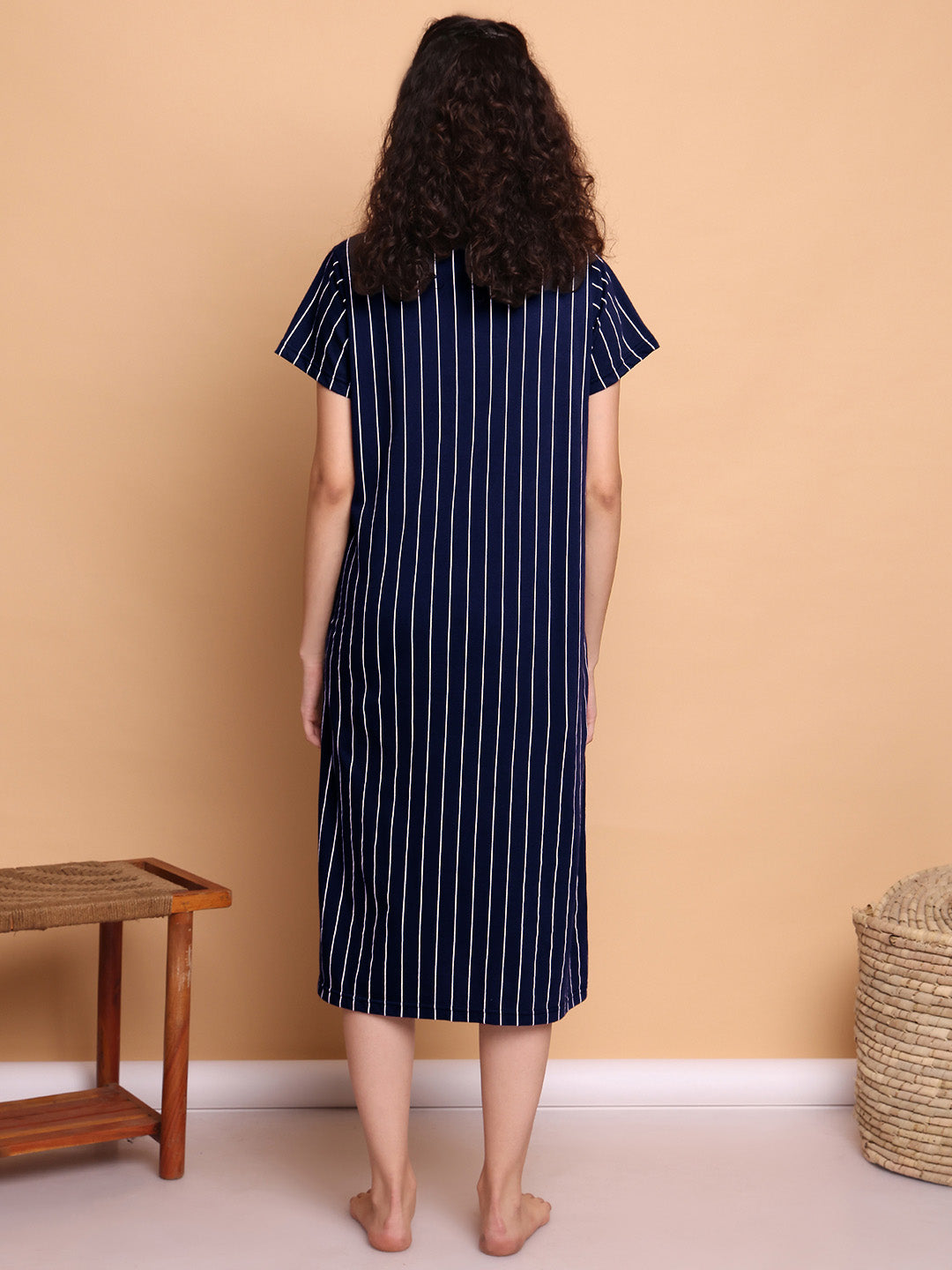 Navy Blue Striped Hosiery Zipless Maternity Nighty