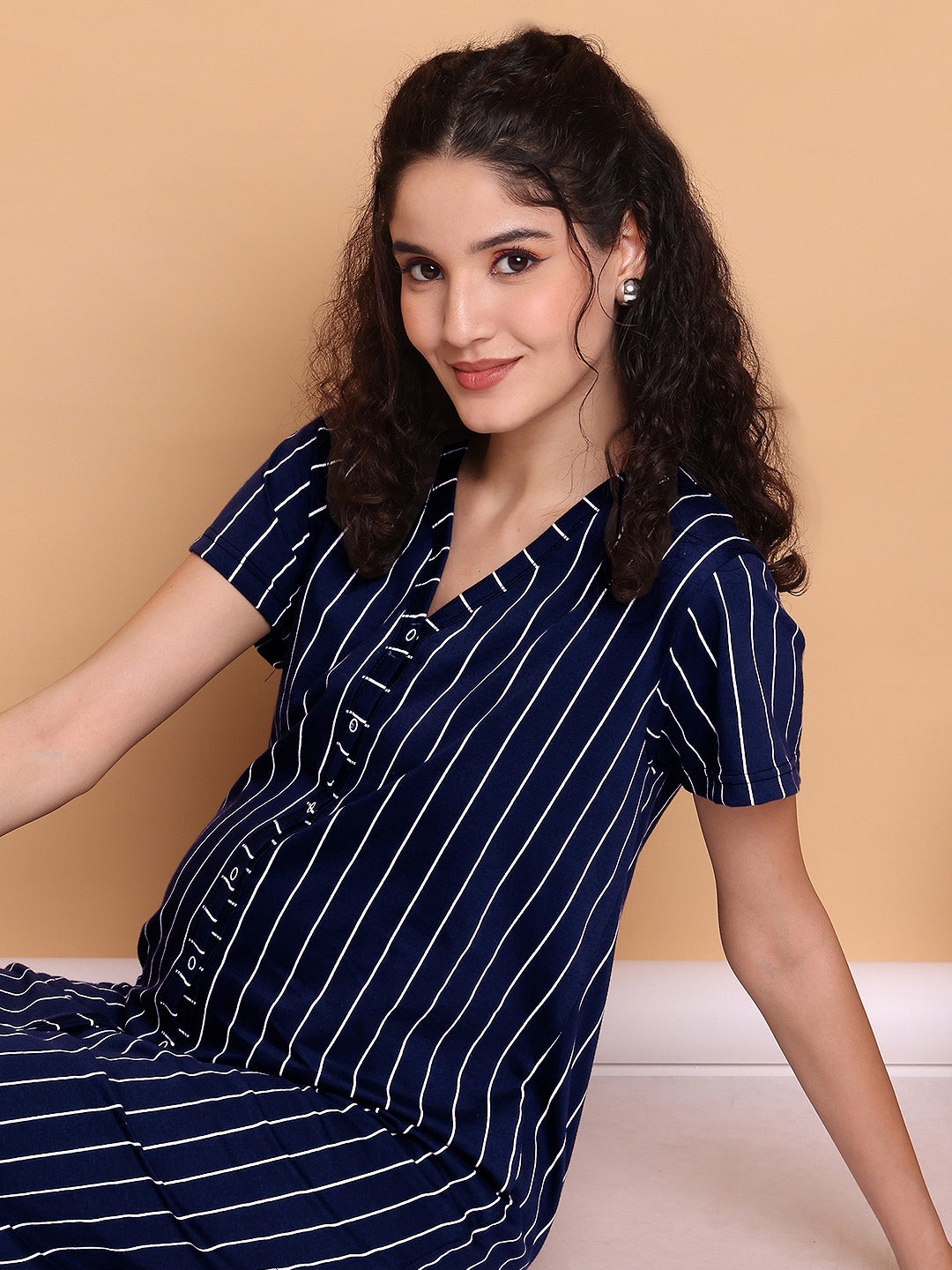 Navy Blue Striped Hosiery Zipless Maternity Nighty