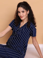 Navy Blue Striped Hosiery Zipless Maternity Nighty
