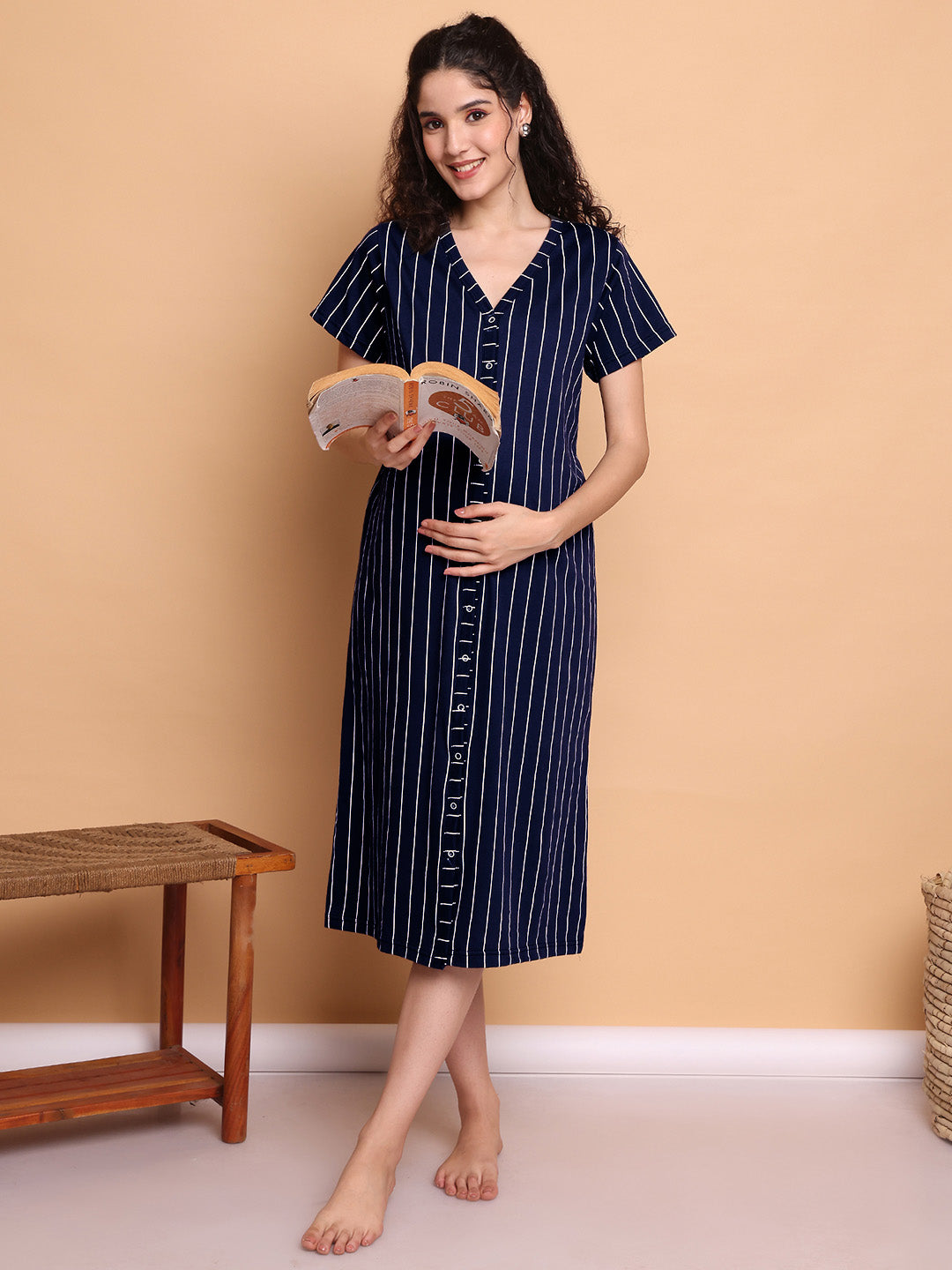 Navy Blue Striped Hosiery Zipless Maternity Nighty