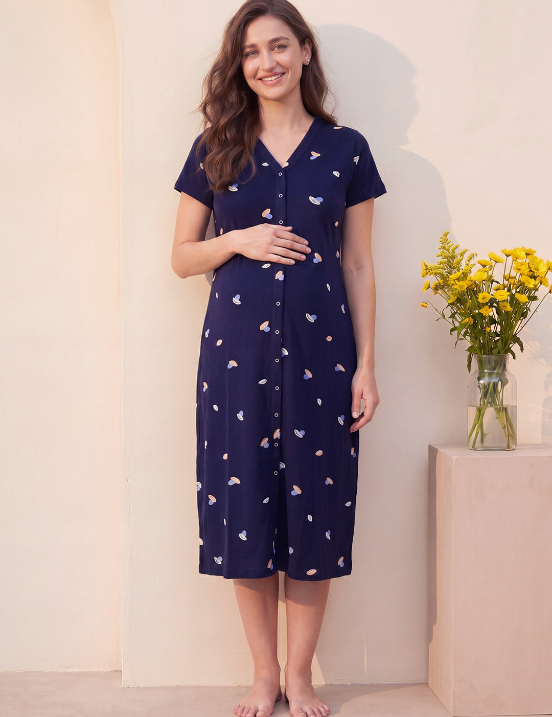 Navy Blue Shell Print Hosiery Zipless Maternity Nighty