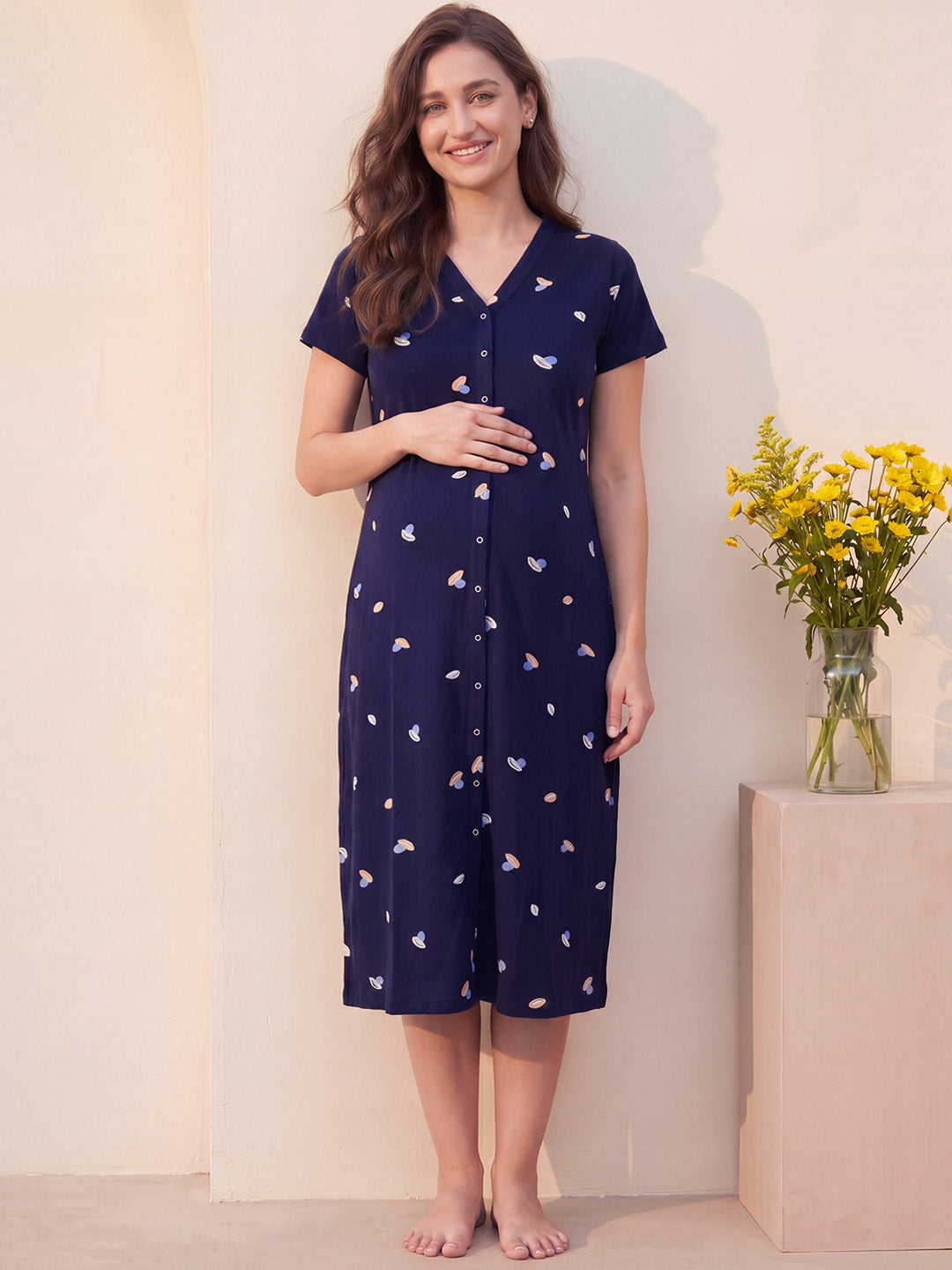 Navy Blue Shell Print Hosiery Zipless Maternity Nighty