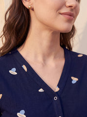 Navy Blue Shell Print Hosiery Zipless Maternity Nighty