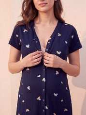 Navy Blue Shell Print Hosiery Zipless Maternity Nighty