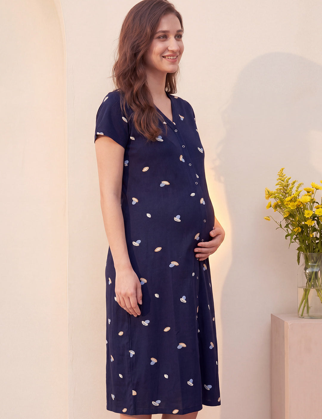 Navy Blue Shell Print Hosiery Zipless Maternity Nighty