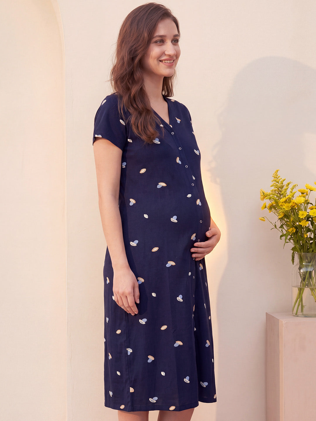 Navy Blue Shell Print Hosiery Zipless Maternity Nighty
