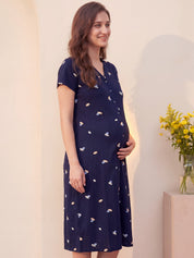 Navy Blue Shell Print Hosiery Zipless Maternity Nighty