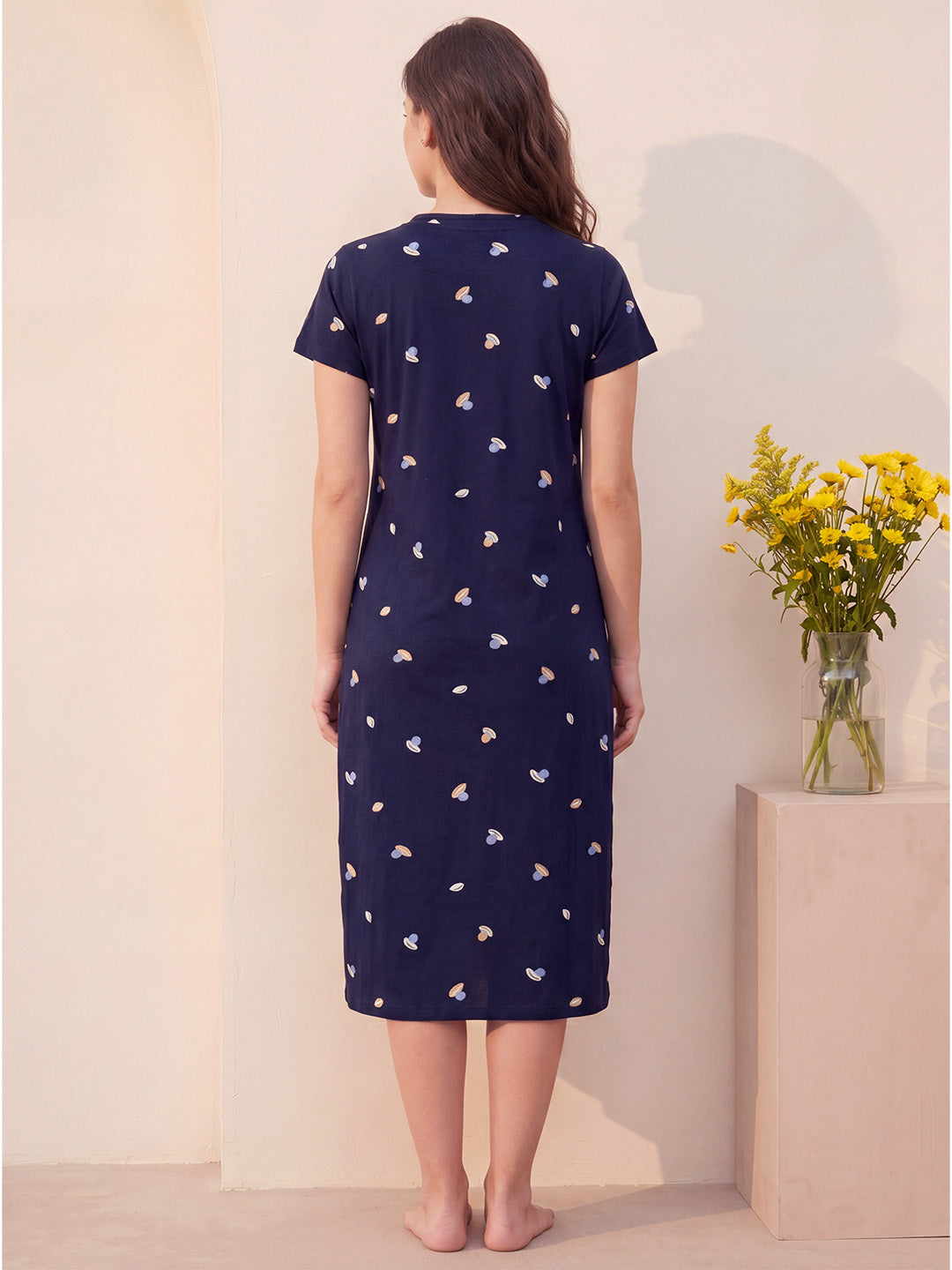 Navy Blue Shell Print Hosiery Zipless Maternity Nighty