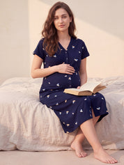 Navy Blue Shell Print Hosiery Zipless Maternity Nighty