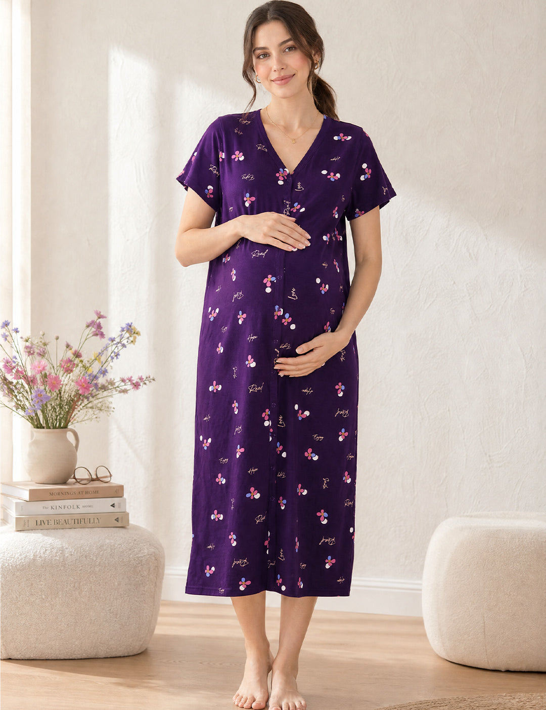 Purple Floral Hosiery Zipless Maternity Nighty