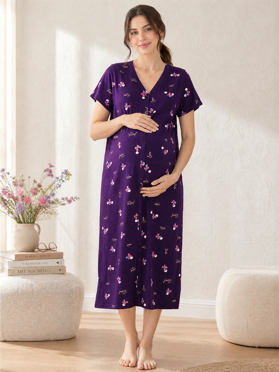 Purple Floral Hosiery Zipless Maternity Nighty