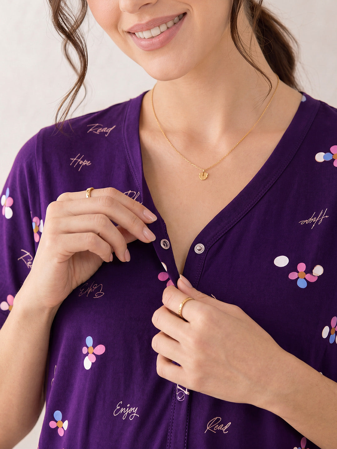 Purple Floral Hosiery Zipless Maternity Nighty