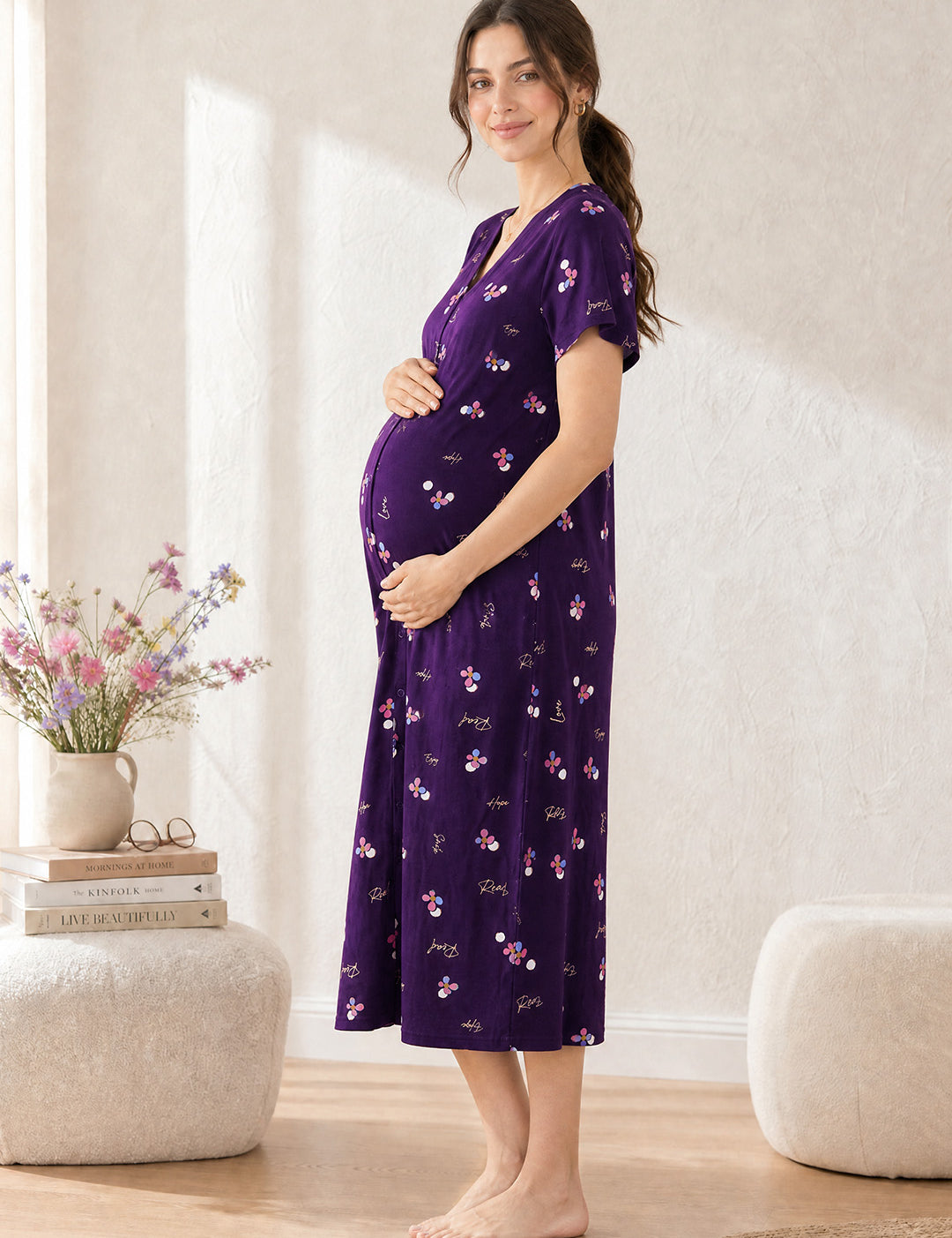 Purple Floral Hosiery Zipless Maternity Nighty