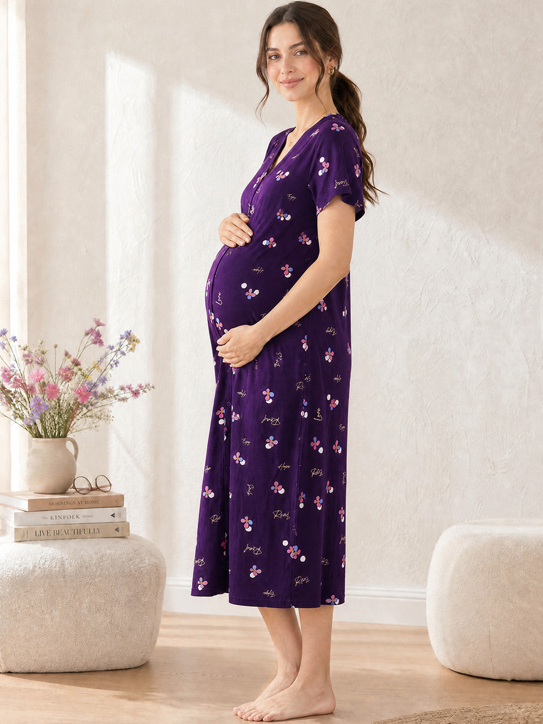 Purple Floral Hosiery Zipless Maternity Nighty