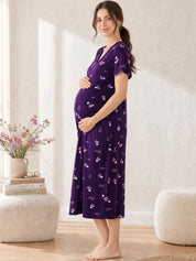 Purple Floral Hosiery Zipless Maternity Nighty