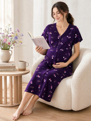 Purple Floral Hosiery Zipless Maternity Nighty