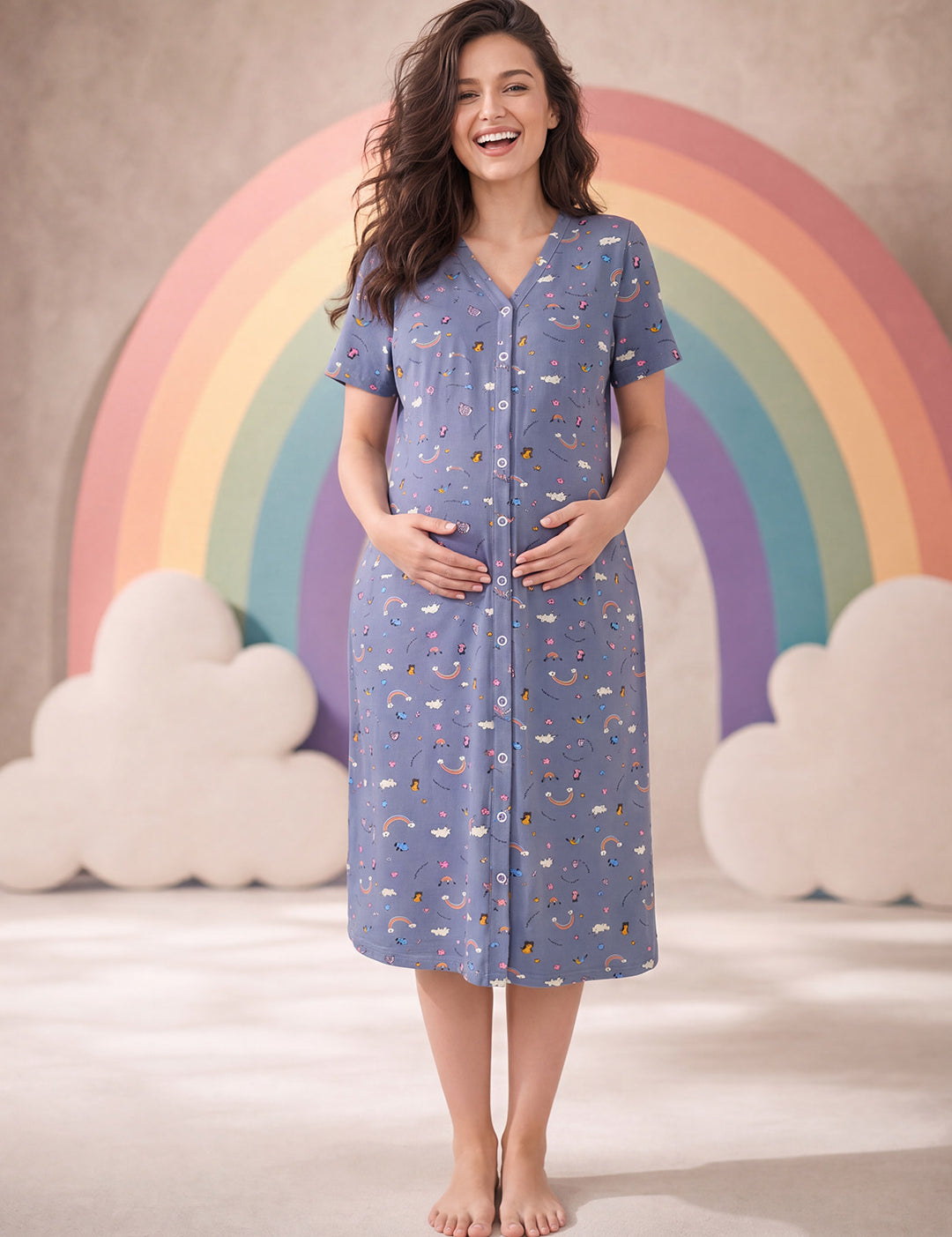 Blue Rainbow Print Hosiery Zipless Maternity Nighty