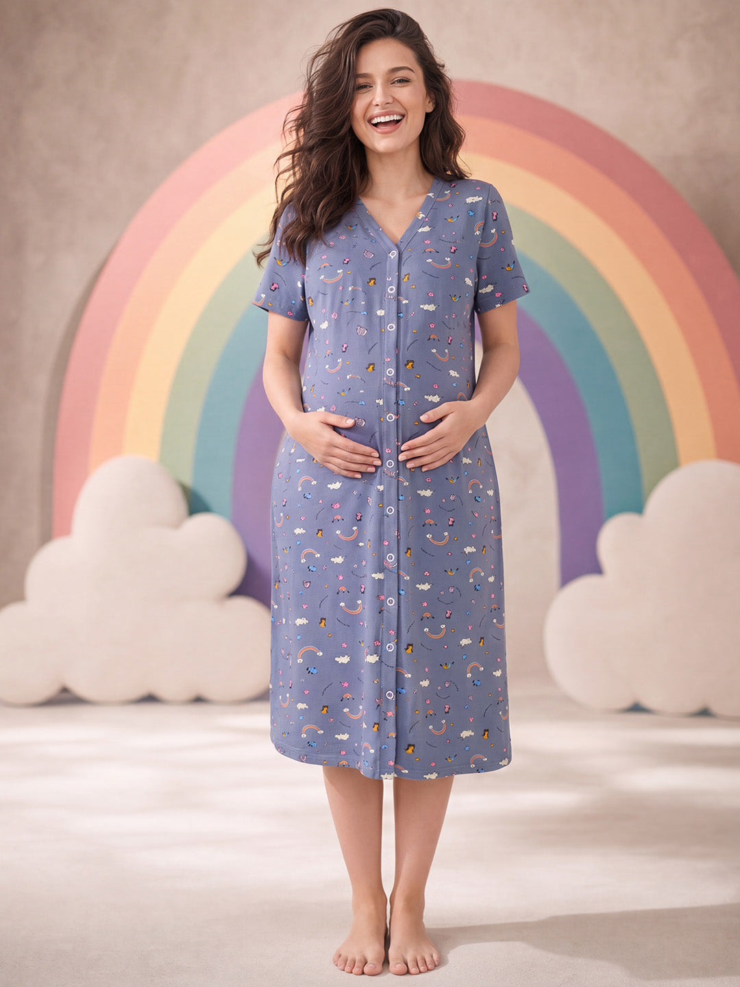Blue Rainbow Print Hosiery Zipless Maternity Nighty