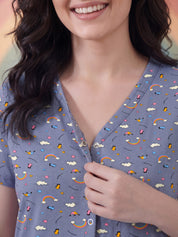 Blue Rainbow Print Hosiery Zipless Maternity Nighty