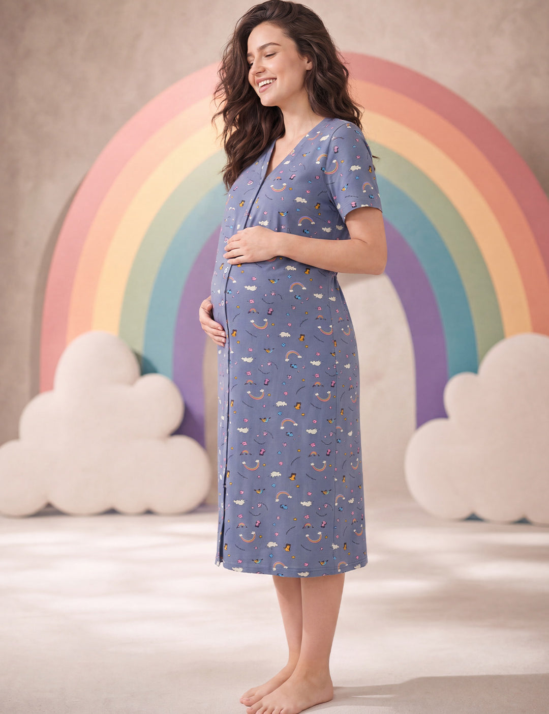 Blue Rainbow Print Hosiery Zipless Maternity Nighty
