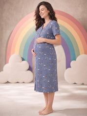 Blue Rainbow Print Hosiery Zipless Maternity Nighty