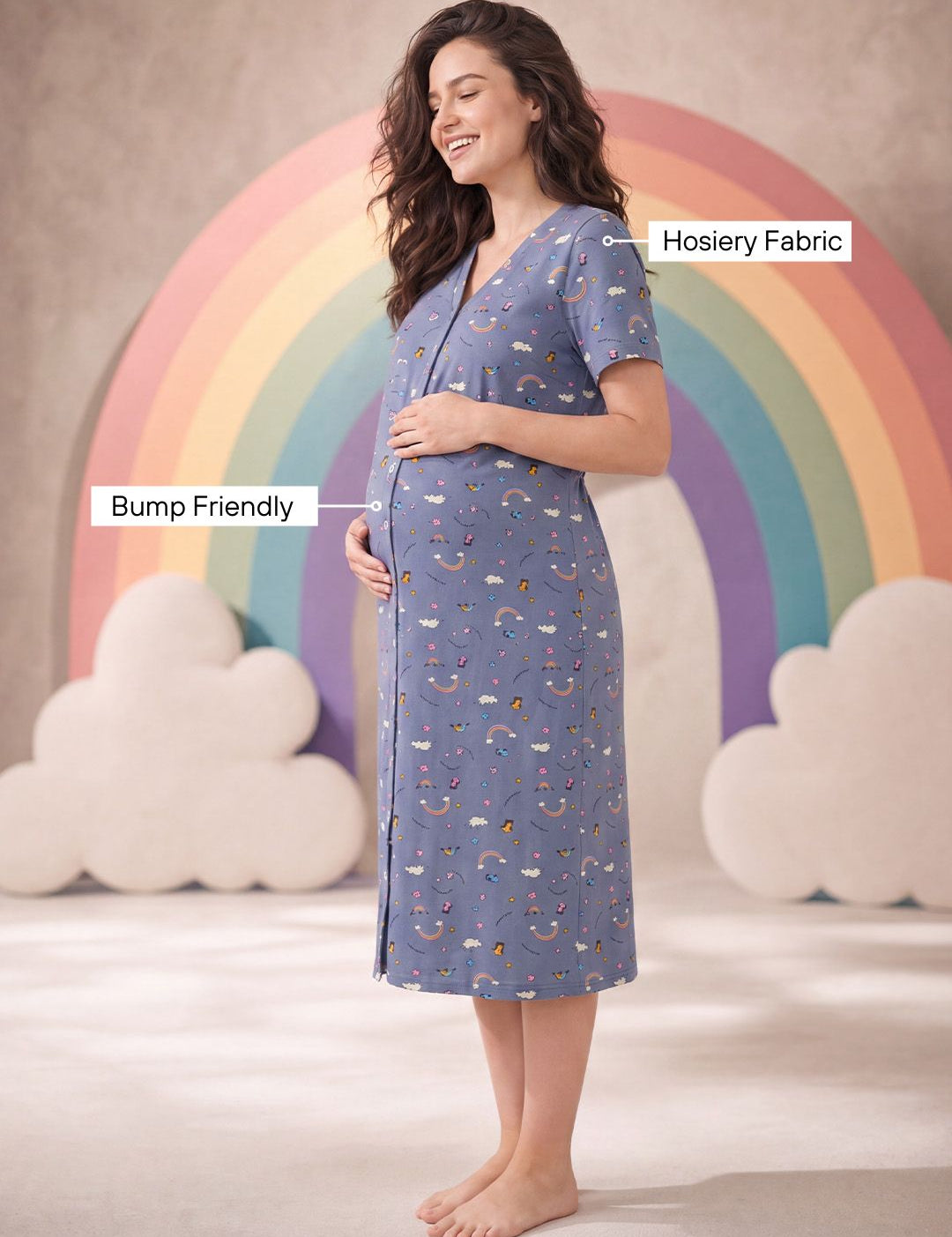 Blue Rainbow Print Hosiery Zipless Maternity Nighty
