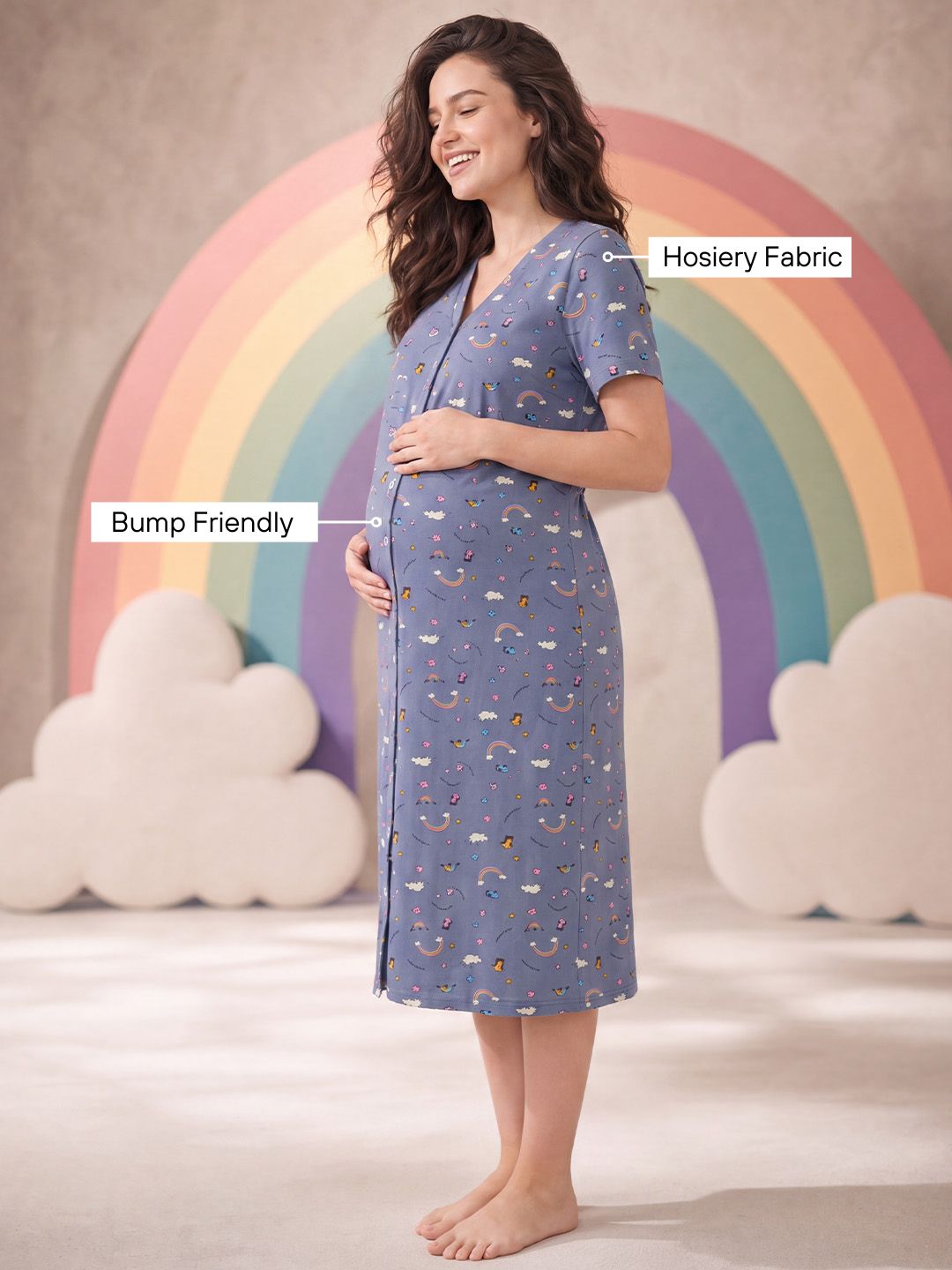 Blue Rainbow Print Hosiery Zipless Maternity Nighty