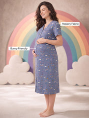 Blue Rainbow Print Hosiery Zipless Maternity Nighty