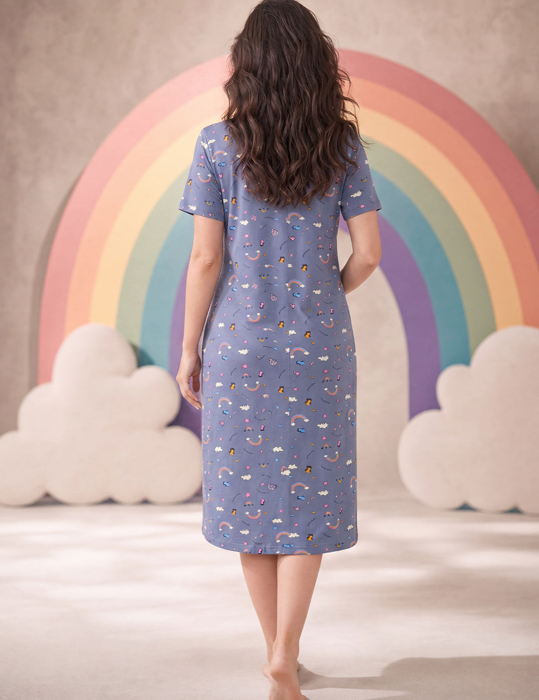 Blue Rainbow Print Hosiery Zipless Maternity Nighty