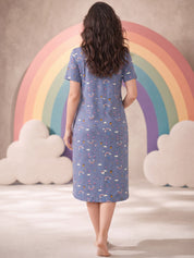 Blue Rainbow Print Hosiery Zipless Maternity Nighty