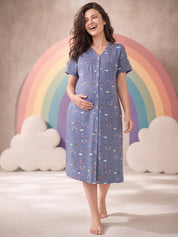 Blue Rainbow Print Hosiery Zipless Maternity Nighty