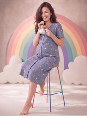 Blue Rainbow Print Hosiery Zipless Maternity Nighty