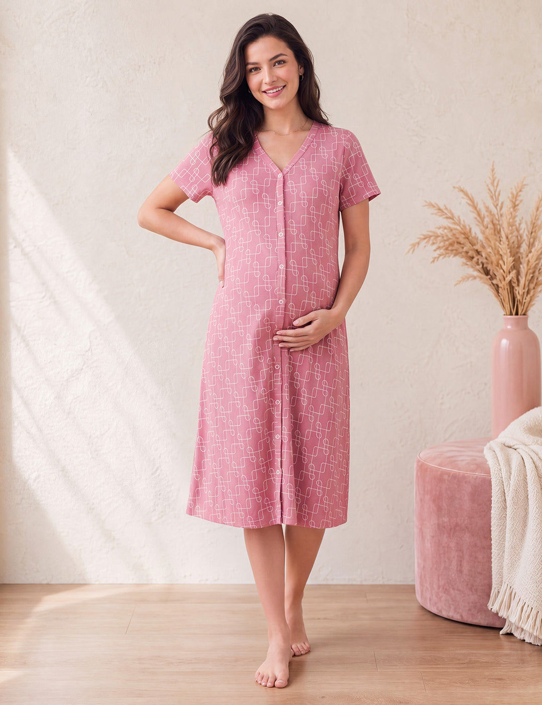 Pink Printed Hosiery Zipless Maternity Nighty