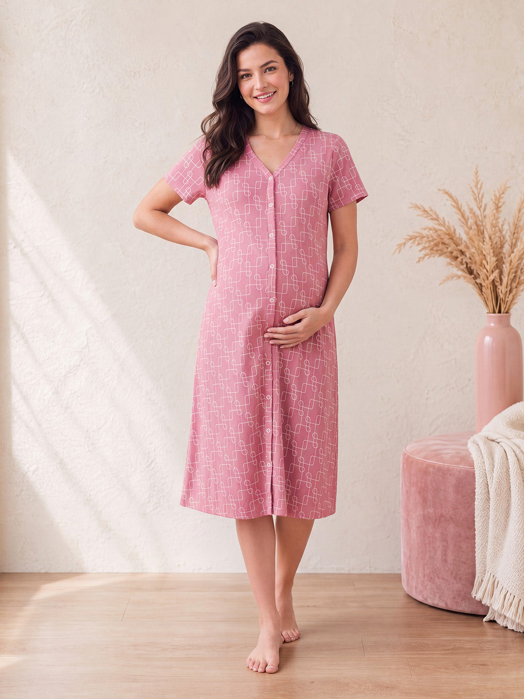 Pink Printed Hosiery Zipless Maternity Nighty