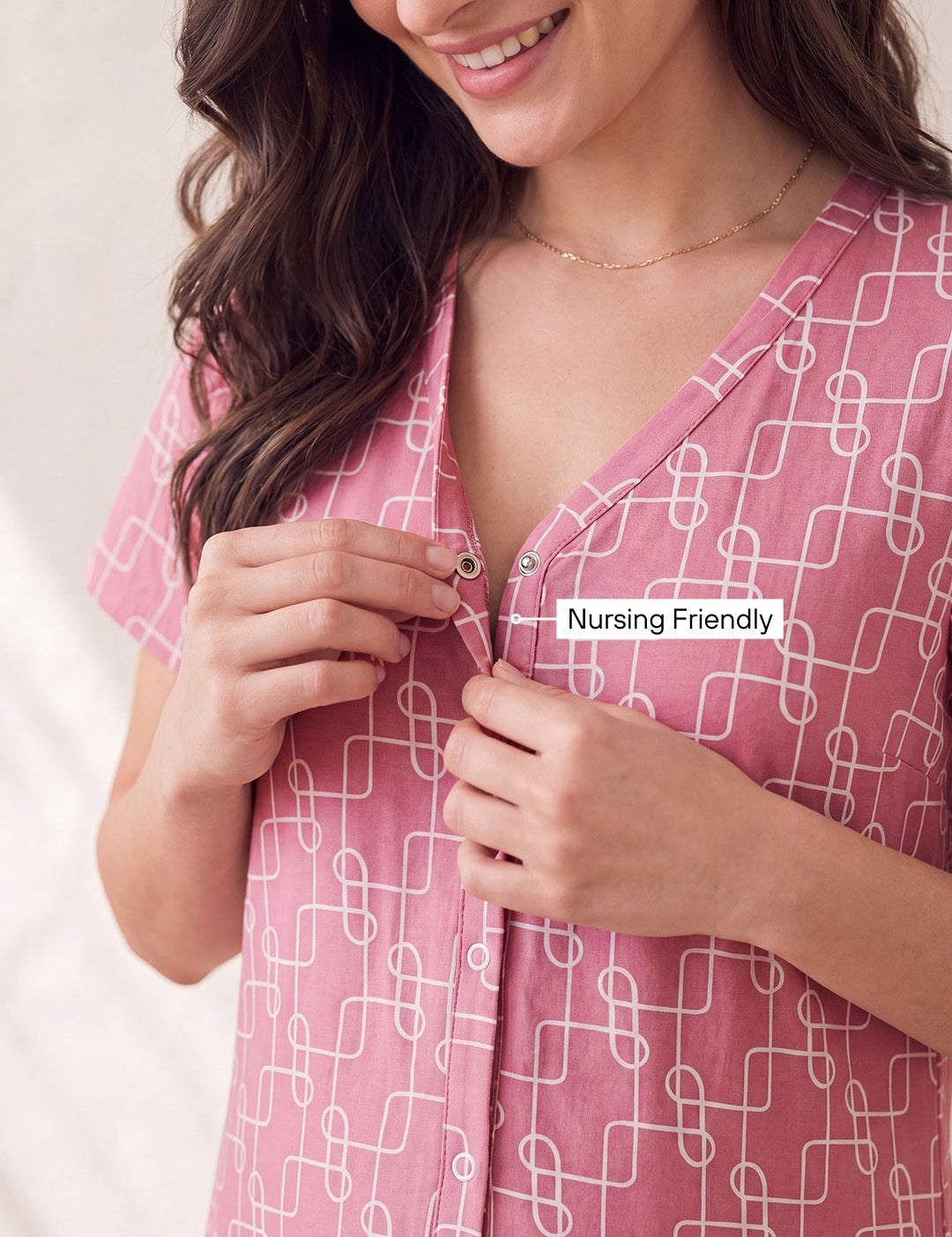 Pink Printed Hosiery Zipless Maternity Nighty