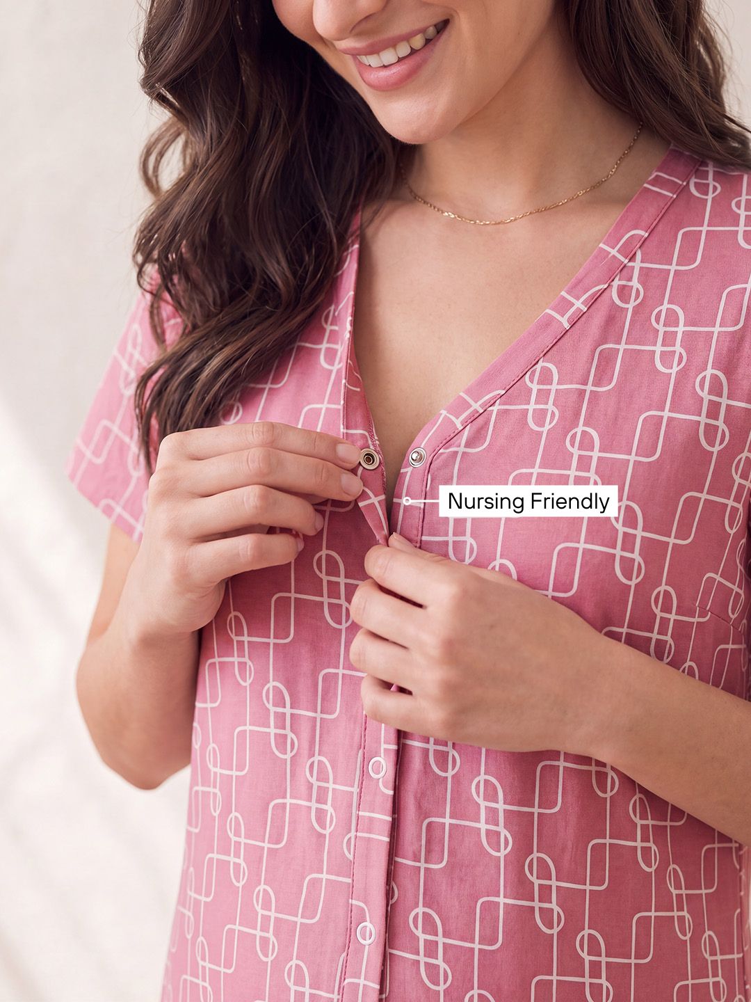 Pink Printed Hosiery Zipless Maternity Nighty
