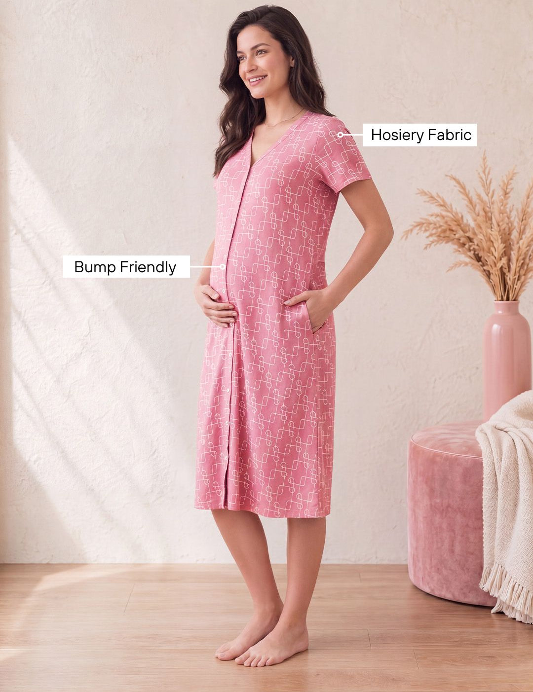 Pink Printed Hosiery Zipless Maternity Nighty