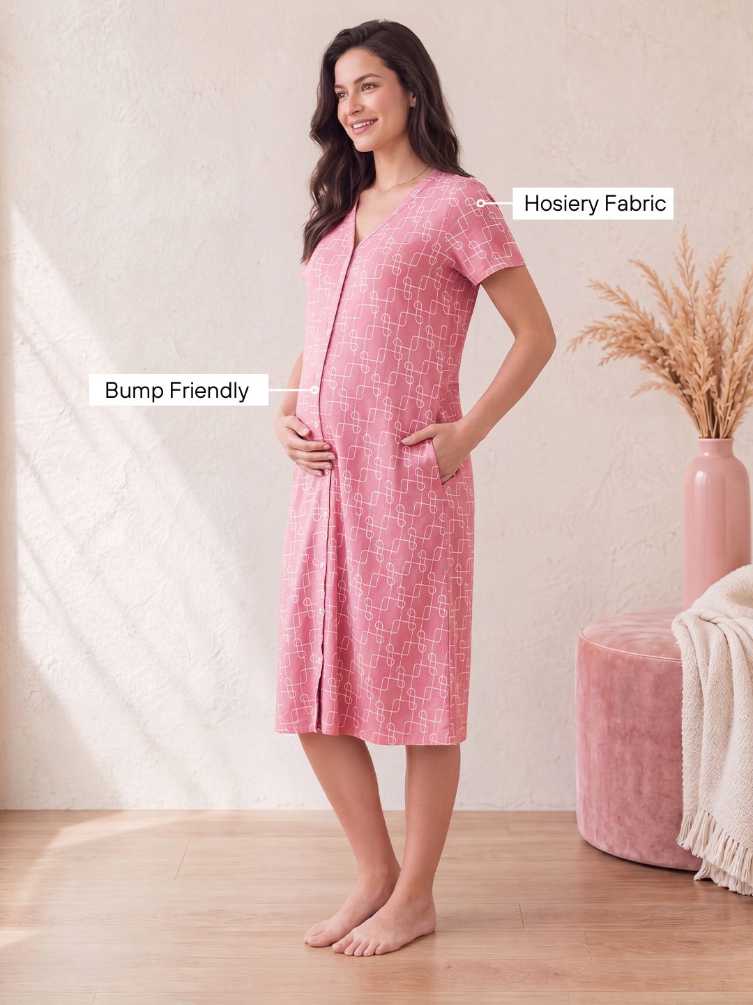 Pink Printed Hosiery Zipless Maternity Nighty