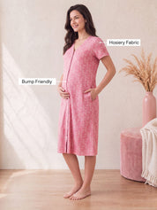 Pink Printed Hosiery Zipless Maternity Nighty